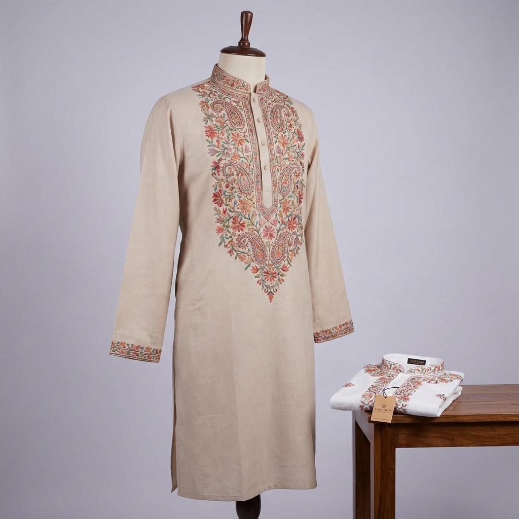 Men's Embryoidere Kurta Beige